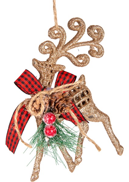 Yılbaşı Ağaç Süsü Ekose Desenli Kurdelalı Simli Geyik Gold 8X15 Cm.