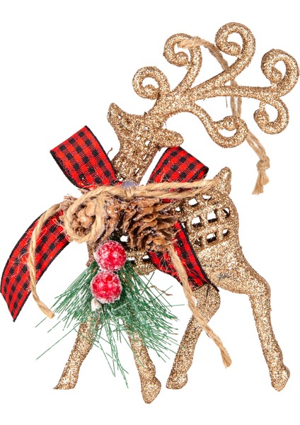 Yılbaşı Ağaç Süsü Ekose Desenli Kurdelalı Simli Geyik Gold 8X15 Cm. modelleri