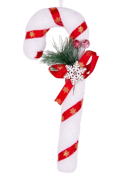 Yılbaşı Süsü Yılbaşı Dekorlu Baston Kırmızı-Beyaz 9X21 Cm.