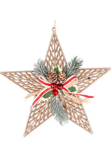 Yılbaşı Ağaç Süsü Yılbaşı Dekorlu Çan Berryli Simli Yıldız Gold 25 cm