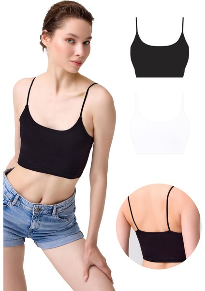 Pamuklu İnce Askılı Kadın Crop Top Büstiyer 2'li Paket