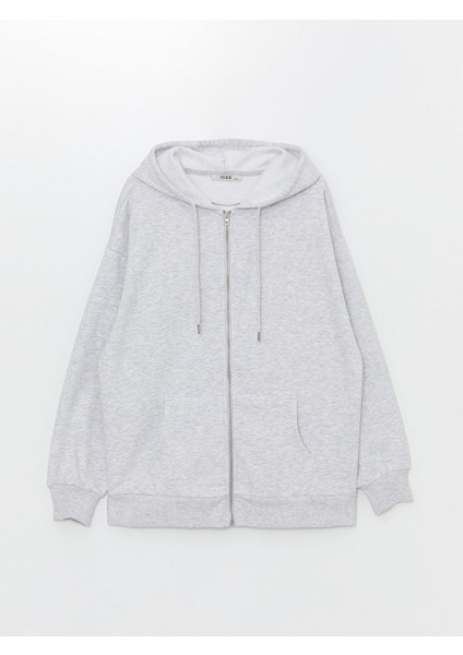Xsıde Kapüşonlu Düz Uzun Kollu Oversize Kadın Fermuarlı Sweatshirt