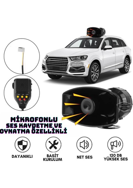 ŞüsCarOto Aksesuar Her Araca Uyumlu Üniversal Ses Kaydetme ve Çalma Özellikli Siren 3 Farklı Siren Sesi Güçlü Polis Sireni Mikrofonlu Megafonlu Korna 12V 100W