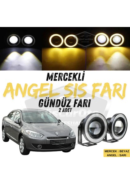 Renault Fluence 2009-2016 Uyumlu Üniversal Mercekli Angel Sis Farı Metal Su Geçirmez 76 Mm Sarı Halkalı Gündüz Farı Angel Eyes 2 Adet
