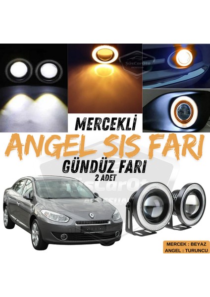 Renault Fluence 2009-2016 Uyumlu Üniversal Mercekli Angel Sis Farı Metal Su Geçirmez 76 Mm Turuncu Halkalı Gündüz Farı Angel Eyes 2 Adet