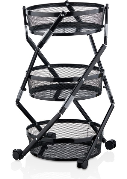 3 Katlı Pratik Katlanır Siyah Renk Tekerlekli Patates Soğanlık - Çok Amaçlı 87,5cm Metal Organizer