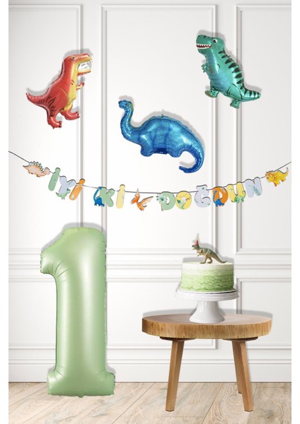 Dinazor Tema Doğum Günü Balon Süsleme Seti Bannerlı Yaş Balonlu Dinozor Balon Zincir Paketi