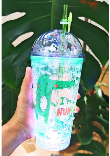 Dino Suluk Pipetli Buzlu Cam Görünümlü LED Işıklı 450 ml Çift Katman Mika 2097 Yeşil