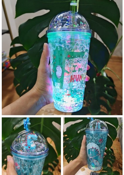 Dino Suluk Pipetli Buzlu Cam Görünümlü LED Işıklı 450 ml Çift Katman Mika 2097 Yeşil