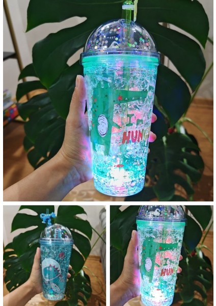 Dino Suluk Pipetli Buzlu Cam Görünümlü LED Işıklı 450 ml Çift Katman Mika 2097 Yeşil