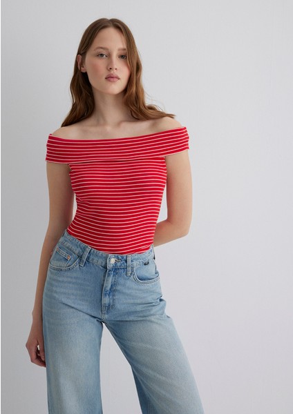 Düşük Omuzlu Kırmızı Çizgili Top 1612866-88688 fiyatları