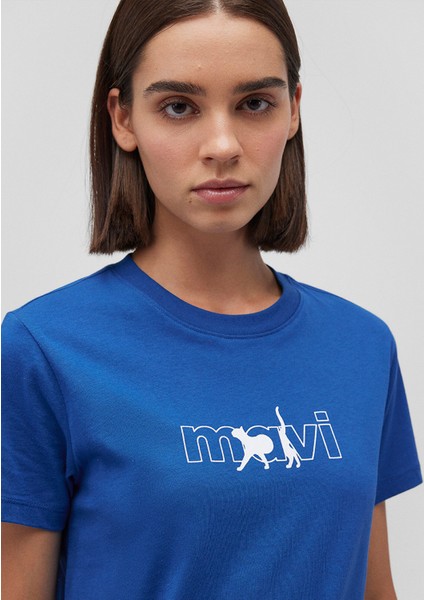Kedi Logo Baskılı Mavi Tişört 1611478-32213