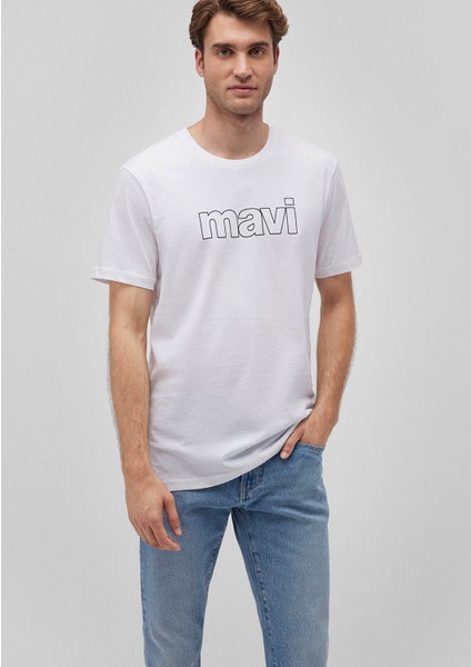 Mavi Logo Baskılı Beyaz Tişört 065781-620