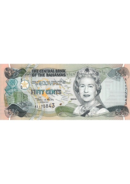 Bahama 50 Cent, 1/2 Dolar, 2001, P#68, Kraliçe, Iı. Elizabeth, Çil, Eski Yabancı Kağıt Para