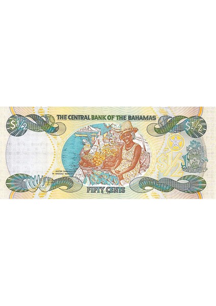 Bahama 50 Cent, 1/2 Dolar, 2001, P#68, Kraliçe, Iı. Elizabeth, Çil, Eski Yabancı Kağıt Para