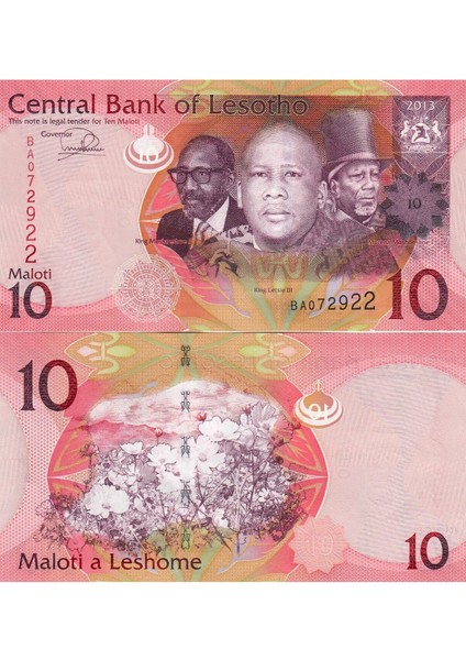 Lesotho 10 Maloti 2013, P#21B, Çil, Eski Yabancı Kağıt Para