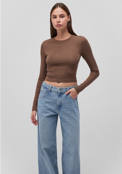 Uzun Kollu Kahverengi Crop Basic Tişört 1612822-81959