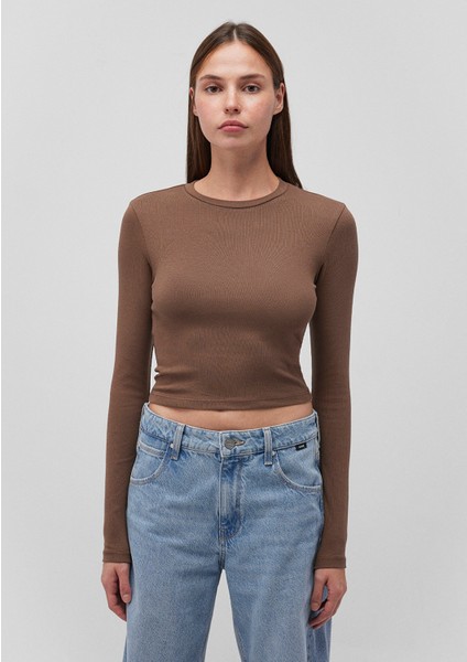 Uzun Kollu Kahverengi Crop Basic Tişört 1612822-81959 modelleri