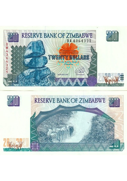 Zimbabwe 20 Dolar 1997, P#7, Çil, Eski Yabancı Kağıt Para