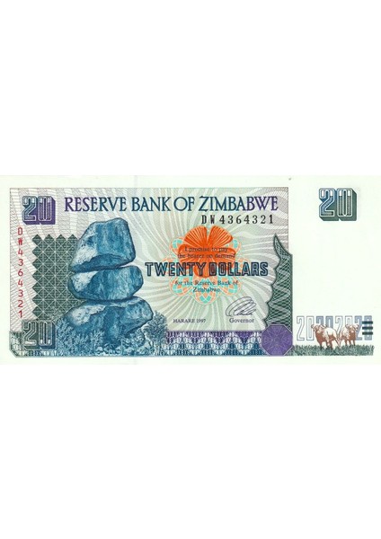 Zimbabwe 20 Dolar 1997, P#7, Çil, Eski Yabancı Kağıt Para