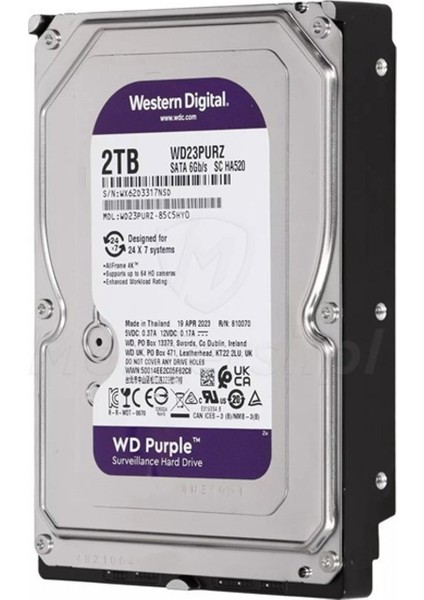 2 Tb Wd 3.5 Purple Sata3 5400RPM 64MB 7/24 Guvenlık WD23PURZ