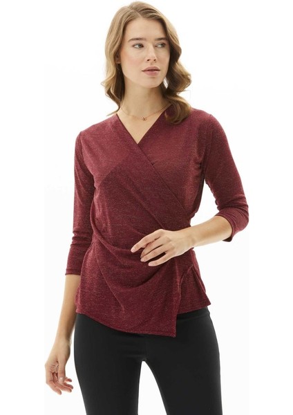 Kruvaze Yanı Plili Simli Bluz