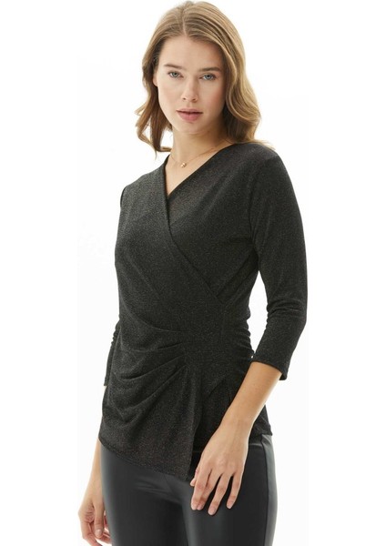 Kruvaze Yanı Plili Simli Bluz indirimleri