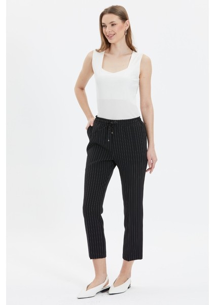 Beli Tam Lastikli Çizgili Boru Paça Pantolon modelleri