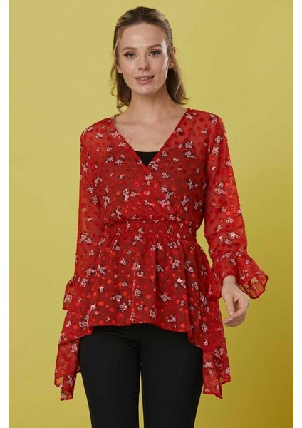 Kruvaze Kol Ucu Volanlı Emprime Bluz