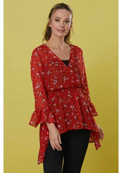 Kruvaze Kol Ucu Volanlı Emprime Bluz fiyatları