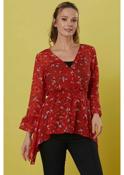 Kruvaze Kol Ucu Volanlı Emprime Bluz modelleri