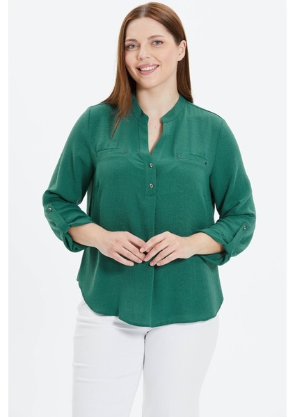 Büyük Beden Hakim Yaka Fleto Cep Bluz