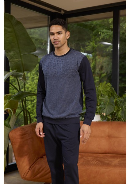 Erkek Uzun Kol O Yaka Indigo Pijama Takımı C0T5N0O8