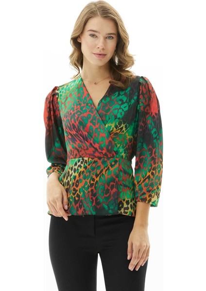 Kruvaze Yaka Kolu Plili Renkli Leopar Bluz fiyatları
