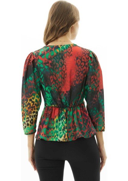 Kruvaze Yaka Kolu Plili Renkli Leopar Bluz fırsatları