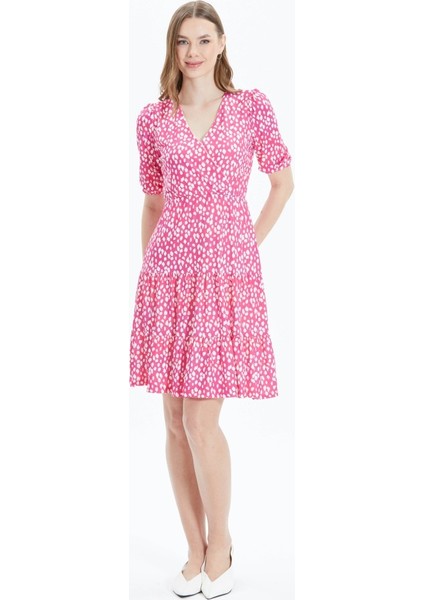 Kruvaze Eteği Volanlı Puantiye Desen Elbise