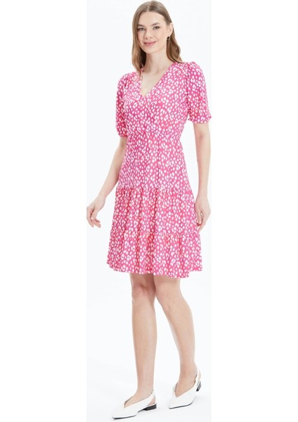 Kruvaze Eteği Volanlı Puantiye Desen Elbise fiyatları