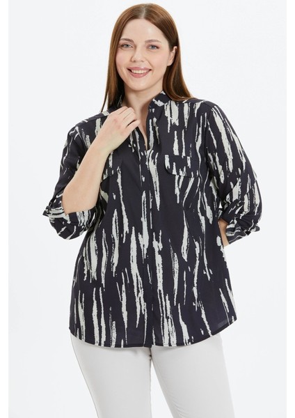 Büyük Beden Hakim Yaka Kapak Cep Emprime Bluz