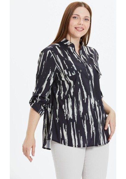 Büyük Beden Hakim Yaka Kapak Cep Emprime Bluz modelleri