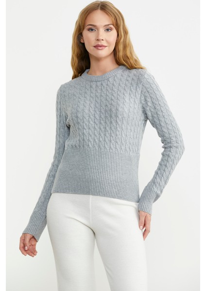 Saç Örgü Beli Oturmalı Triko Kazak - Gri