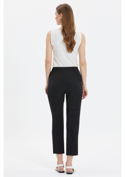 Beli Tam Lastikli Çizgili Boru Paça Pantolon indirimleri