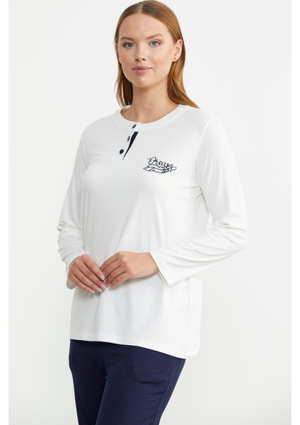 Patlı Düğmeli Desen Kombinli Pijama Takım - Lacivert