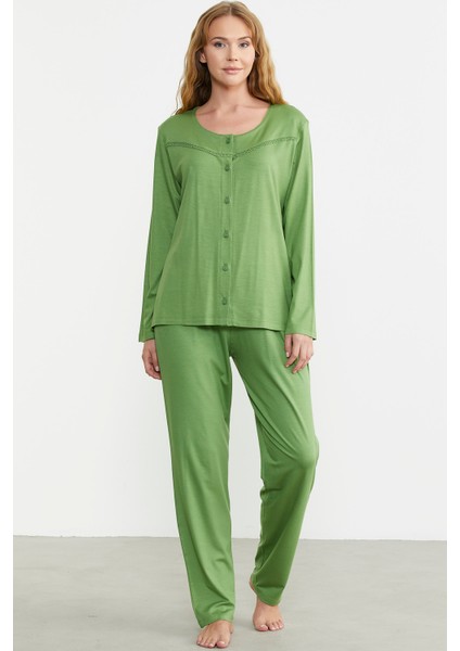 Düğme Kapamalı Rahat Kalıp Pijama Takım - Yeşil