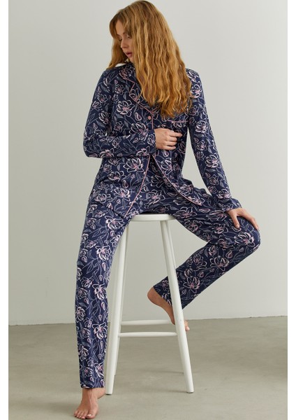 Gömlek Yaka Düğmeli Pijama Takım - Lacivert