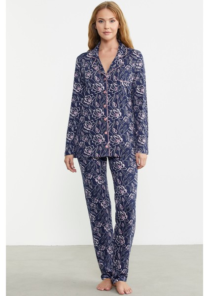Gömlek Yaka Düğmeli Pijama Takım - Lacivert fırsatları