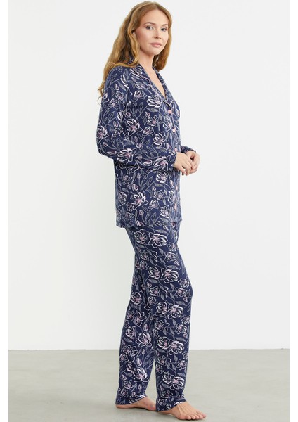 Gömlek Yaka Düğmeli Pijama Takım - Lacivert indirimleri
