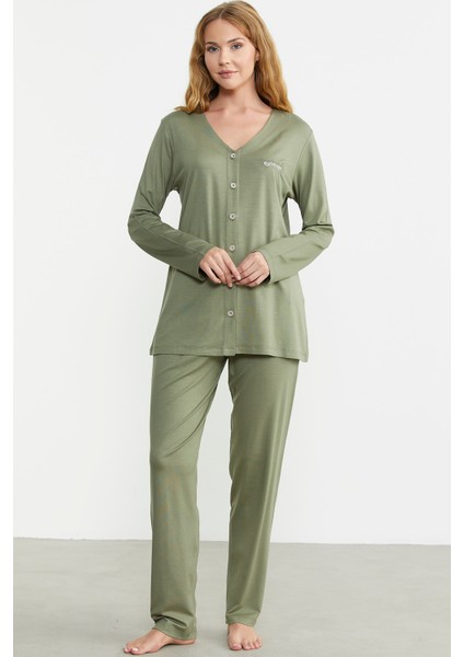 Önden Düğmeli Rahat Kalıp Pijama Takım - Yeşil modelleri