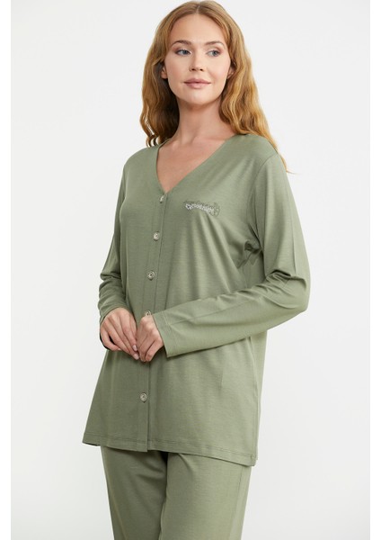 Önden Düğmeli Rahat Kalıp Pijama Takım - Yeşil fırsatları
