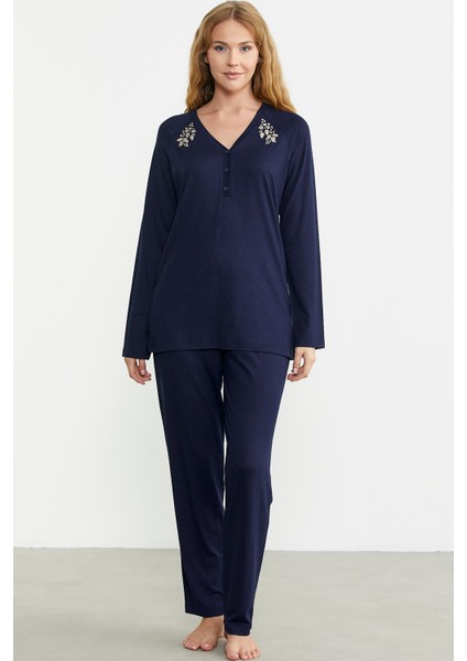 Nakış Detaylı Düğmeli Pijama Takım - Lacivert fiyatları