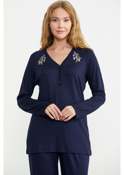 Nakış Detaylı Düğmeli Pijama Takım - Lacivert modelleri